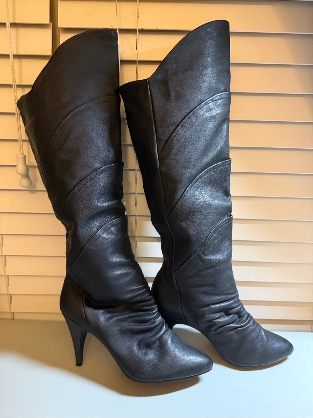 Wild Pair Black Knee High Leather Pointed Toe Stiletto Boots